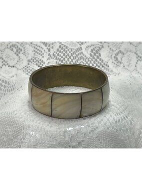 Vintage 60's Brass & Faux Mother-Of-Pearl Bangle Bracelet - Retro Boho Style